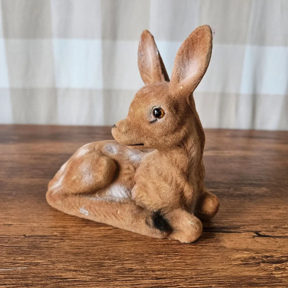 Vintage Flocked Deer Fawn Figurine Brown Spotted Woodland Easter Christmas Decor